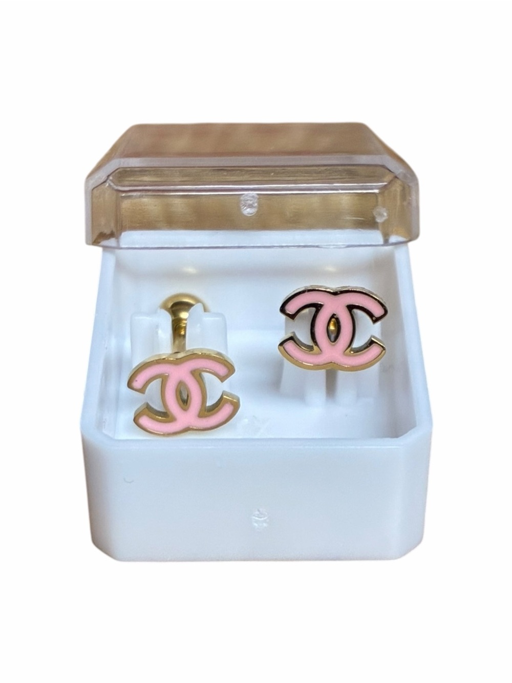 Double C Stainless Steel PINK Screw Back / Safety Back CC Logo Stud Earrings